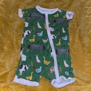 Little Sleepies Shortys Green Farm Animal Print Baby Romper Sz 12/18M Bamboo